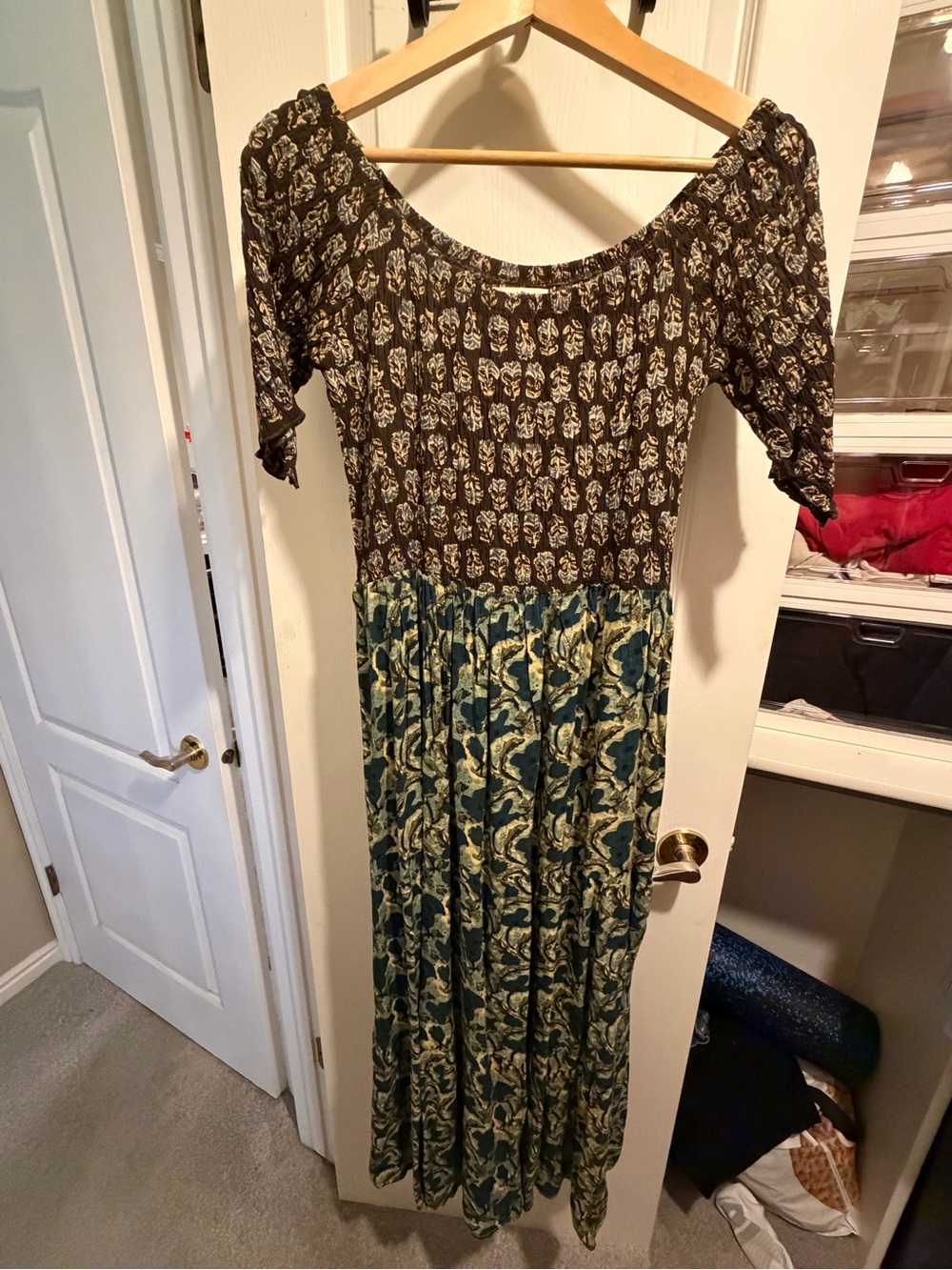 NATURAL LIFE Black and Teal Mixed-Print Off-Shoulder Maxi Dress L/XL